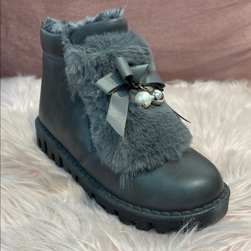 Gray Kids Fur Boot with Bow